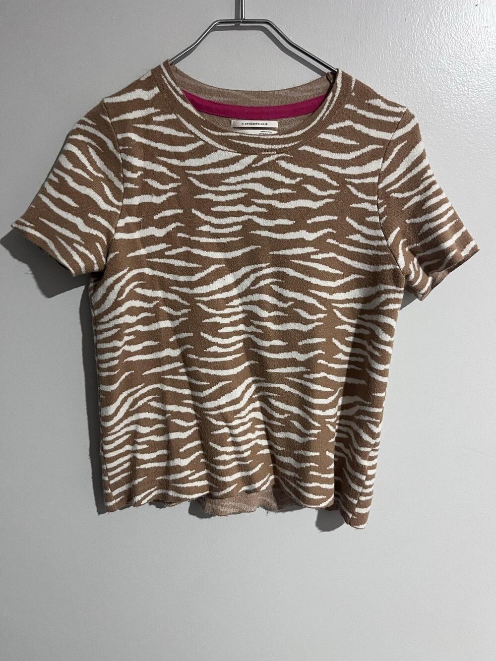 By ANTHROPOLOGIE Sweater Womens S Brown Animal Print Crew Neck Pullover